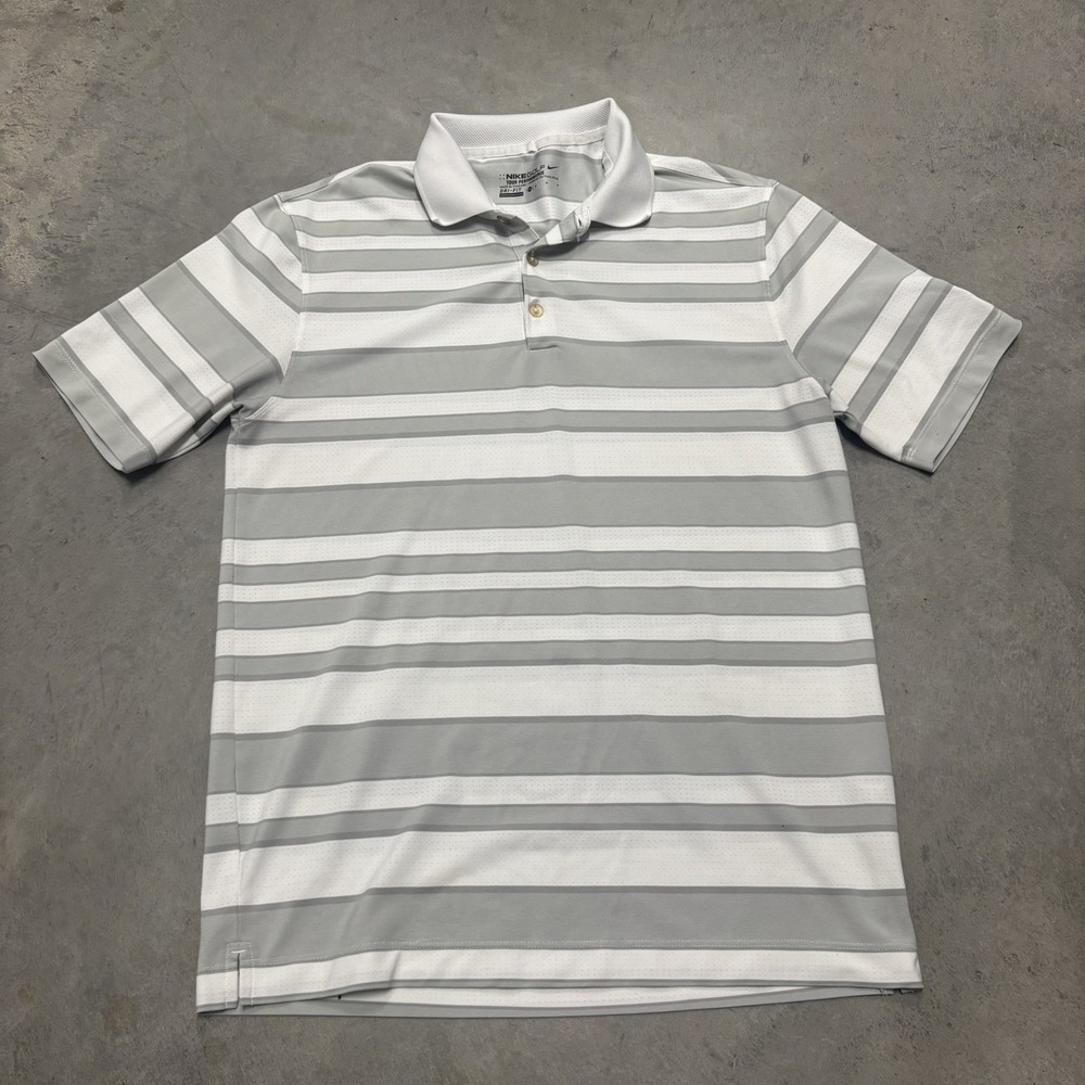 NIKE GOLF Polo Shirt Size Medium White Grey‎ Stripe Tour Performance Dri-Fit